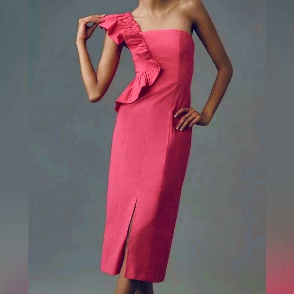 Anthropologie Pink linen One-Shoulder Ruffle column Midi Dress M 6 8 10